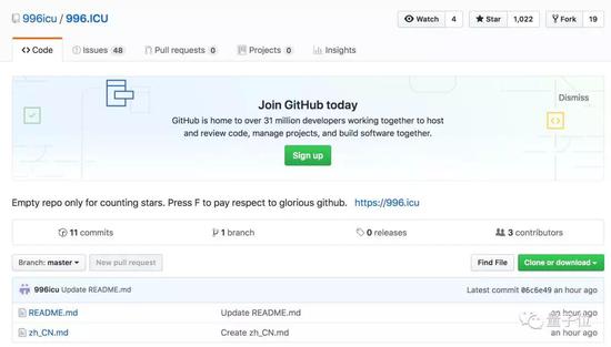 而这个项目的作者，是一个昨天刚刚注册的小号，名字就叫996icu。