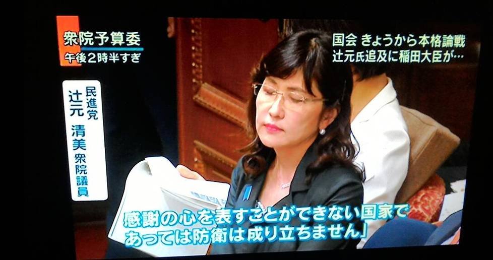 在质询中，元清美首先要求稻田回答曾经发表过的“日本有必要研发核武器”发言的真意，并要求她正是撤回这一违背国家和平意志的发言。稻田在一连串的追问下，一直不肯正面撤回自己的发言。