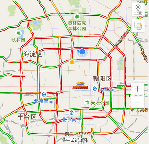 北京晚高峰大堵车 市区主干道几乎“全红”(图)