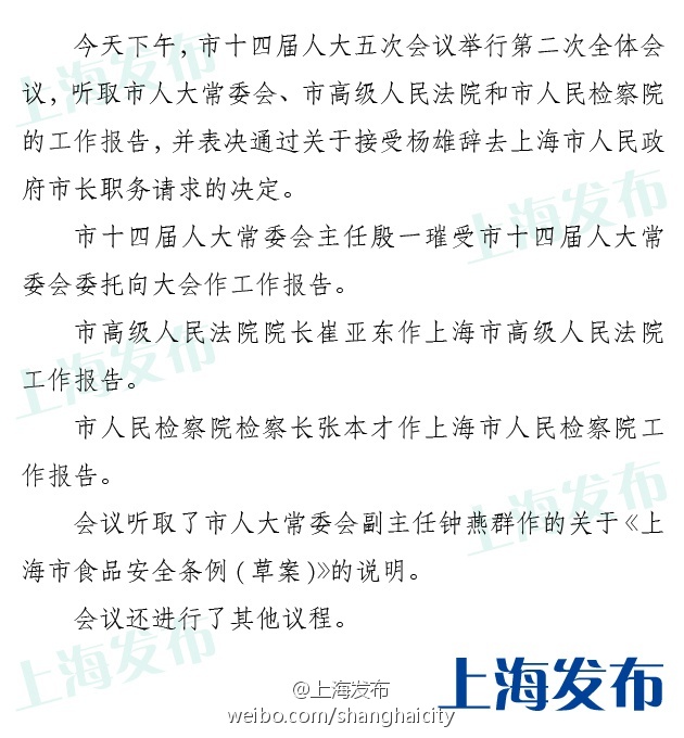 杨雄辞去上海市长职务
