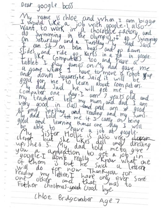 7岁小女孩给谷歌写求职信 谷歌CEO亲自回了封信