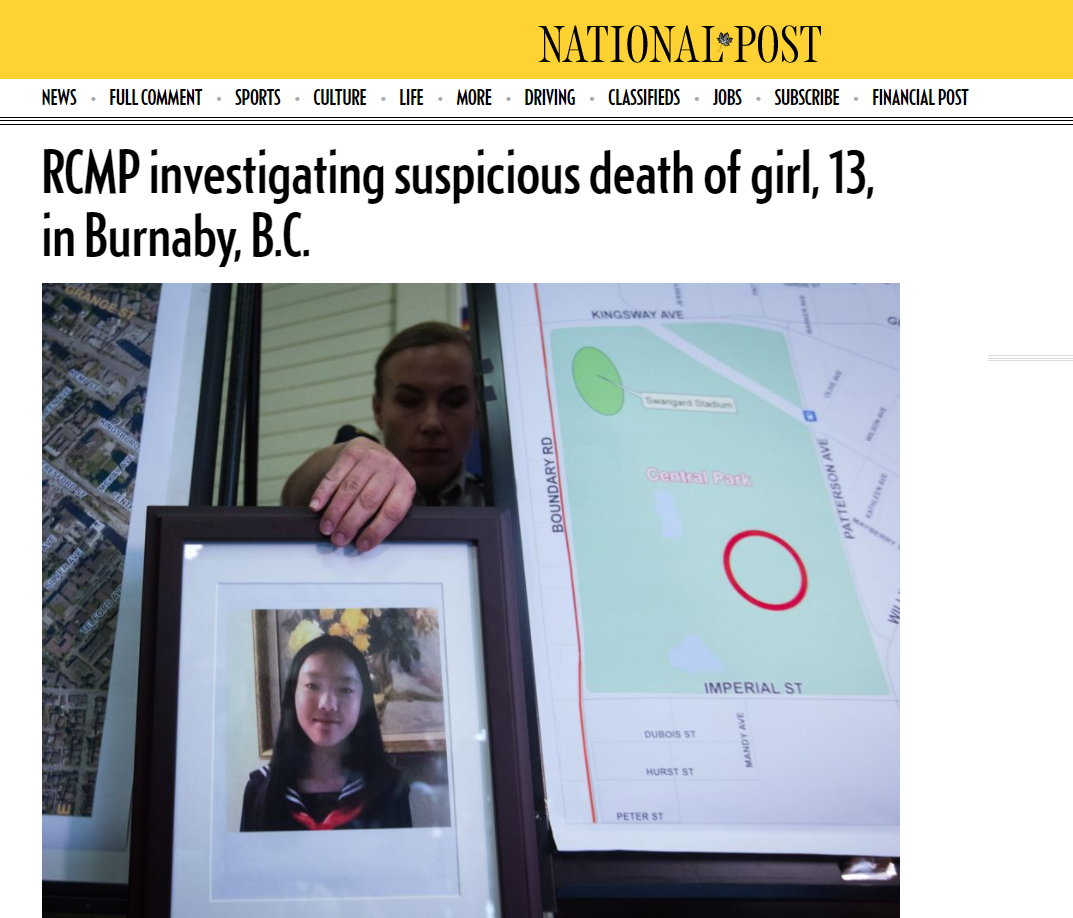 13岁华裔女孩横尸加拿大一公园 或被谋杀