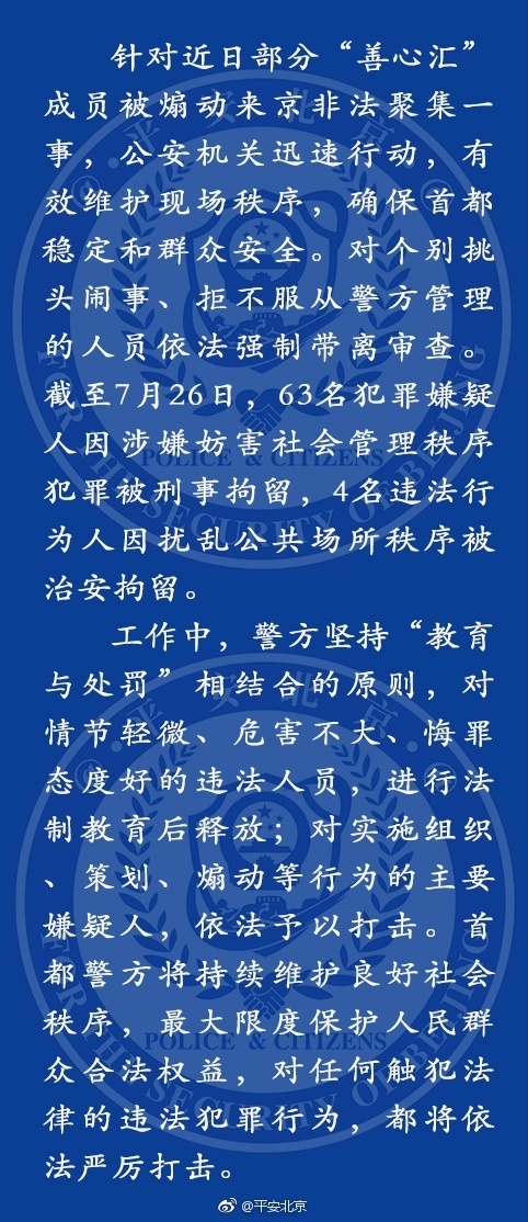 北京警方通报“善心汇”成员非法聚集：63嫌犯被刑拘