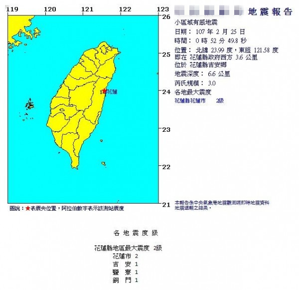 台湾今天凌晨连续发生3起地震 最大规模4.5级