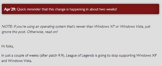 《英雄联盟》9.9版本将停止Win XP、Vista支持