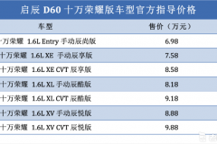 满足国VI排放标准 启辰D60十万荣耀版车型售6.98万元起