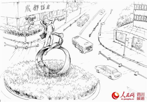 图四:1985年,成都水碾河路十字路口矗立着一座高10米、重4吨的不锈钢“建设者”塑像,可见当时水碾河的繁华程度。
