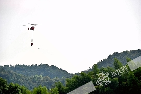 森林火灾扑救演练,K-32直升机与地面专业队伍配合灭火作业。记者 祝可 摄