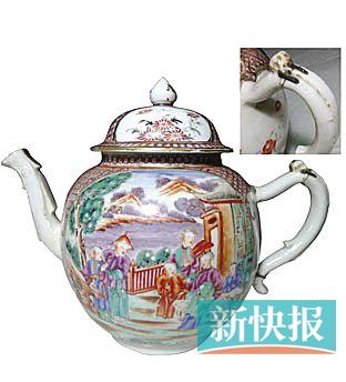 ■欧洲锔补清乾隆广彩满大人图大茶壶及茶壶局部
