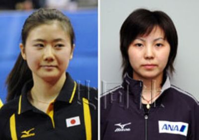 图左为日本乒乓球选手福原爱，右为教练张莉梓。(共同社)