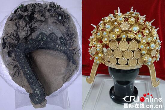 萧后冠现状图（左）和仿制品（右）（图片来源 陕西省文物保护研究院）