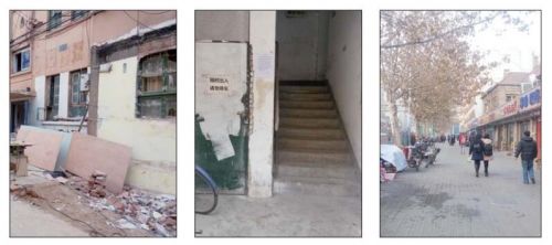 图片从左到右,历山路100号院内的铁皮屋基本被拆除;历山路解放路路口西南角的居民楼楼道内,小广告被清理干净;在站前街,目前已无商贩占道经营。