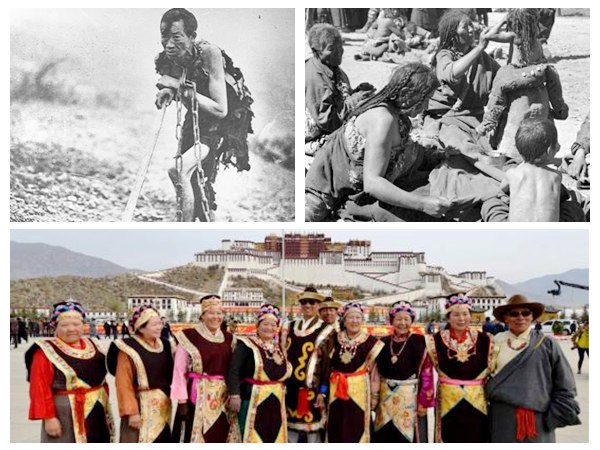 左上图：农奴制社会时期的西藏农奴，脖子上拴着铁链，过着惨不忍睹的生活。（资料图片）右上图：在民主改革前，西藏农奴过着悲惨的生活。（资料图片）。