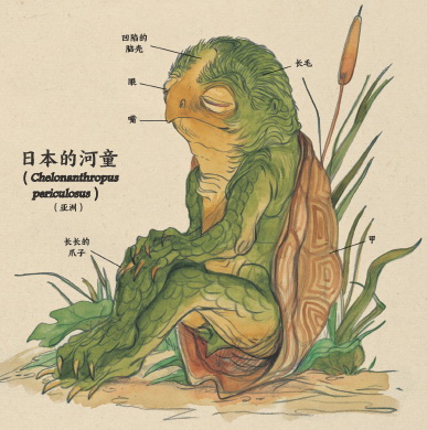 《神秘动物图鉴》:河童是一种与人相像的爬行动物,生活在日本北部荒野