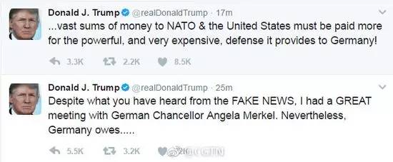 特朗普：与默克尔会谈很棒，但德国该还钱了