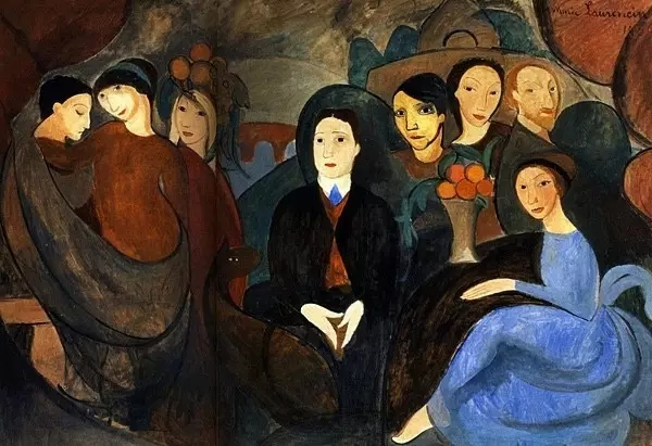 《阿波利奈尔与他的朋友们》，罗兰珊，1909。从左至右：“美惠三女神”（格特鲁德·斯泰因，费尔南多·奥利维尔，身份不明的金发女子）、阿波利奈尔、毕加索、玛格丽特·吉利特、诗人莫里斯·克勒穆尼茨。蓝衣女子为罗兰珊。