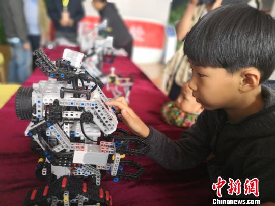 2018年5月26日，第十九届全国中小学电脑制作活动(甘肃赛区)机器人大赛举行。图为小学生参观机器人。(资料图) 李亚龙摄