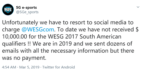 拖欠奖金！南美SG战队称至今未收到WESG预赛奖金