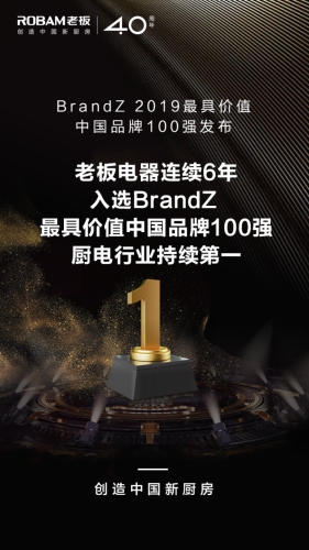 pg电子平台厨电行业第一！老板电器跻身“BrandZ 2019最具价值中国品牌100强”(图1)