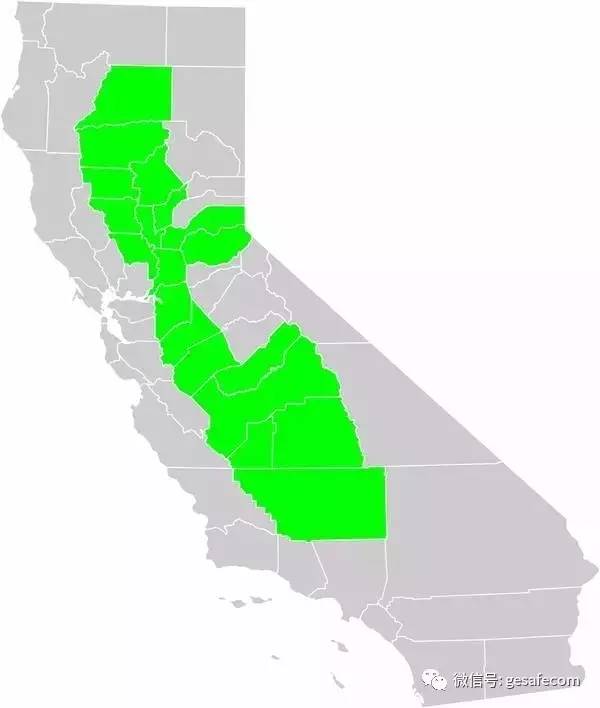 加州地图,中部绿色的那一大片区域叫central valley,万亩良田图片