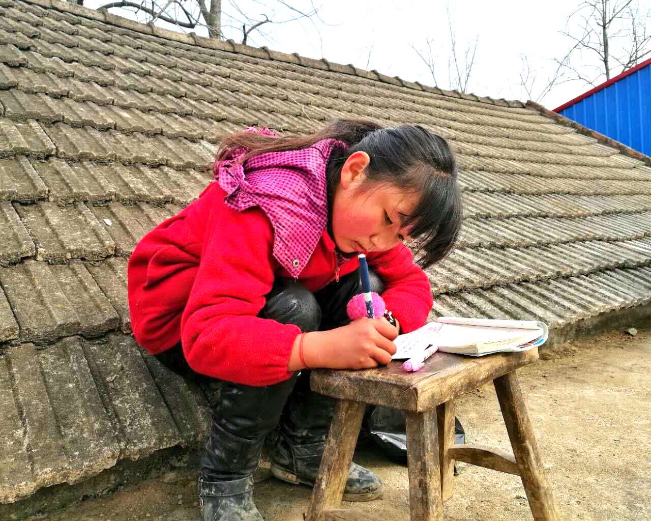 邳州最励志小学生 寒假屋顶写作业