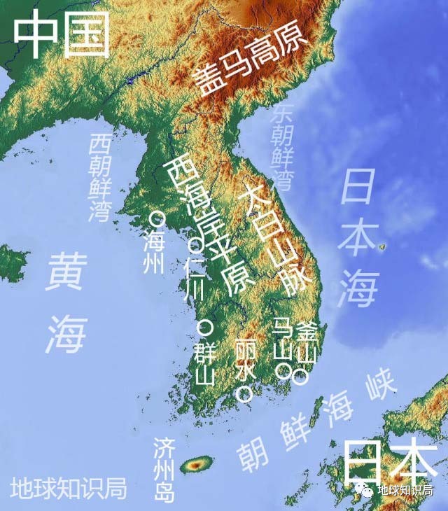 朝鲜半岛地形 以北纬38度为军事分界线,以北为朝鲜,以南为韩国.