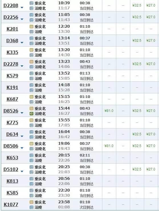 重庆市区到重庆各区县的火车,高铁车次及时刻表!