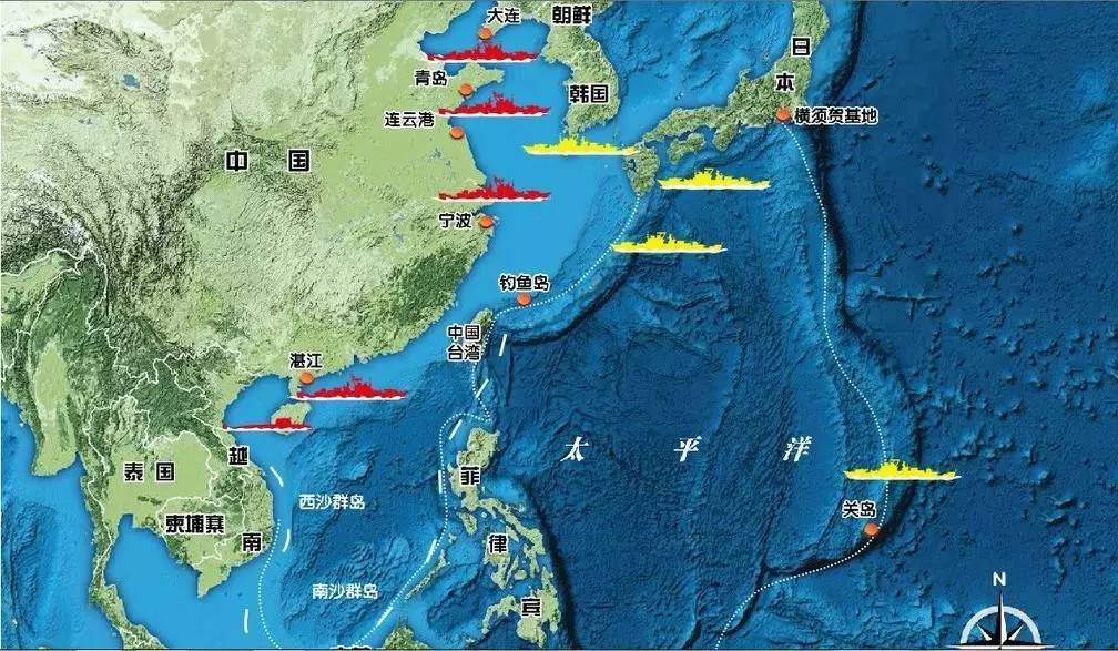 西部地区,存在着三条锁链状的岛屿分布,这就是美国围堵中国的第一岛链