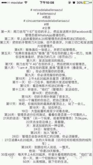 游戏的血腥和残忍,同时记者还从网上找到了蓝鲸死亡游戏的挑战内容