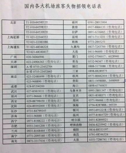 国内各大机场失物招领电话。国航重庆分公司于磊供图