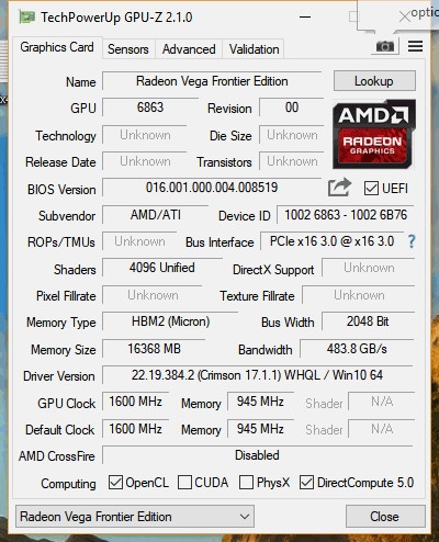 AMD Vega Frontier旗舰卡首发跑分：1万元换来这结果