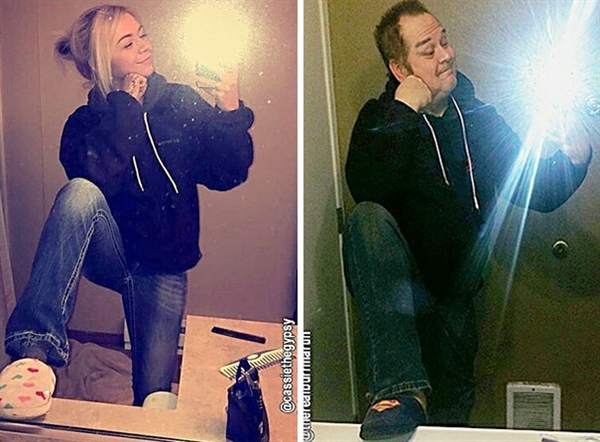 老爸模仿女儿晒臭美自拍 结果自己火了