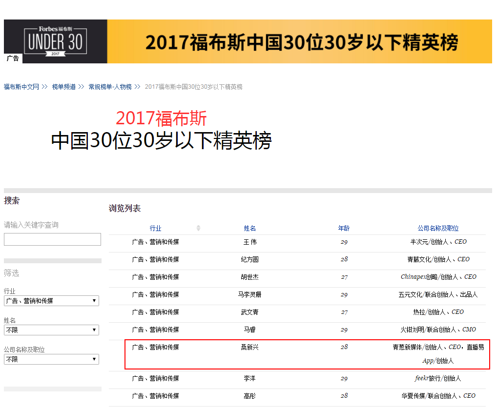 福布斯中国30岁以下精英榜青葱新媒体ceo桑兮兮入选