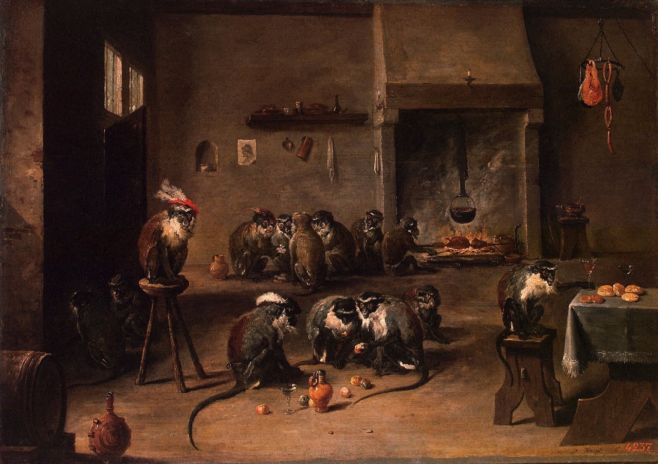 大卫特尼尔斯(David the Younger Teniers),《厨房的猿猴》(Apes in the Kitchen),1645年前后,俄罗斯圣彼得堡艾尔米塔什博物馆 猫 总被认为是坏蛋、恶魔的化身 现实生活中,有很多爱猫人士,猫独立而神秘,呆萌且温顺的形象让许多人欲罢不能。但在画作中,猫却是经常被描绘成坏蛋、恶魔的化身。 在日本,谣传随着年岁渐增,猫的尾巴会化成好几个,变成猫妖。此外,日语中有装乖猫贼等借用猫的形象的负面词汇(反之,也有招财猫这样带有吉祥之意的物品)。 而在西方,