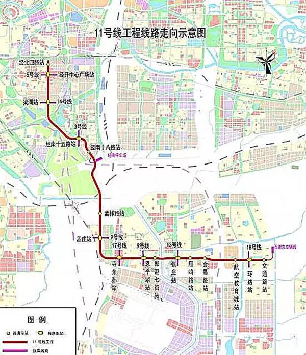 郑州地铁11号线北起经北四路站,主要沿经开第八大街—经南八路—经开