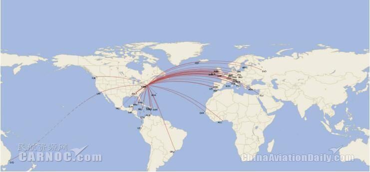 美国航空在纽约(肯尼迪)的国际地区航线网络图