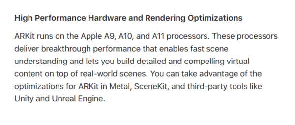 ARKit支持A9以上的芯片，即iPhone 6s与iPad Pro以后的产品