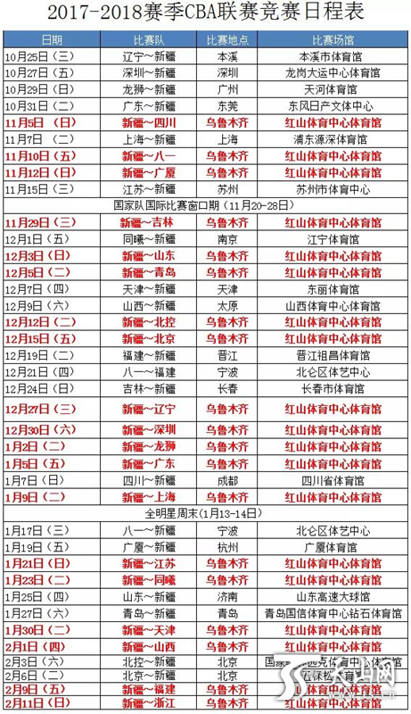 2017-2018赛季cba联赛竞赛日程表.