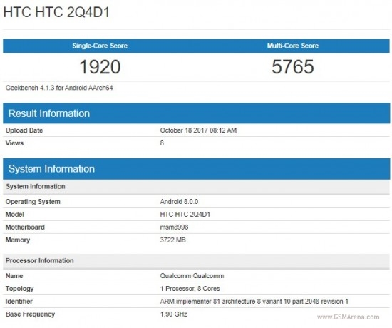 HTC翻身旗舰U11 Plus现身跑分：骁龙835+安卓8.0