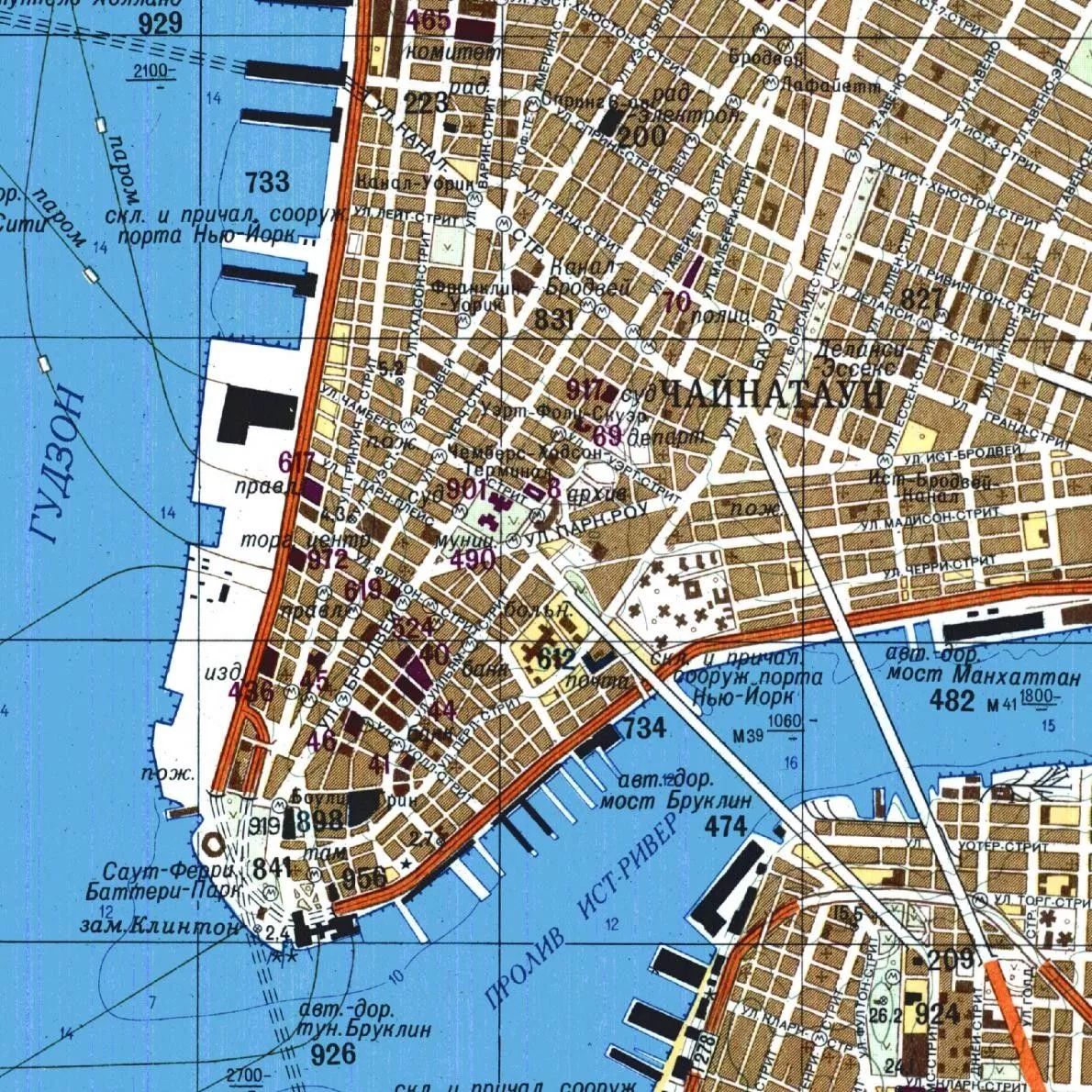 苏联1982年印制的曼哈顿下城地图详尽记载了该地区有关轮渡航线,地铁