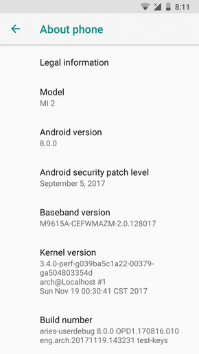 小米2刷入Android 8.0截图（图源网）