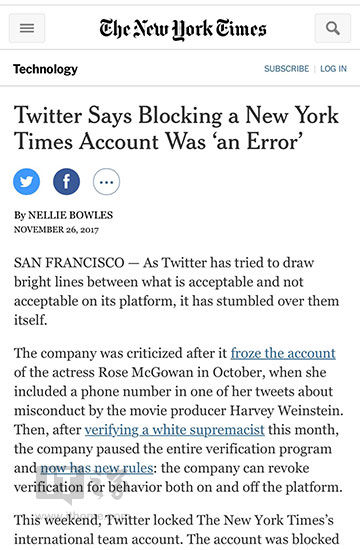 推特再次出错：继特朗普后误封《纽约时报》帐号