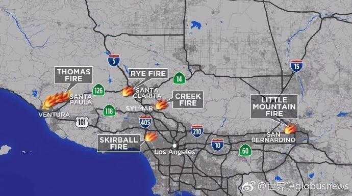美国南加州大火不断蔓延,火势横穿整个南加州,目前已到达贝莱尔地区图片