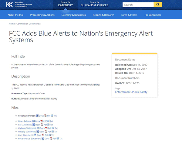 FCC宣布：在全国范围内推行“蓝色警报”系统