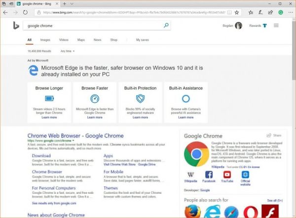 微软公司试图阻止用户下载谷歌Chrome浏览器