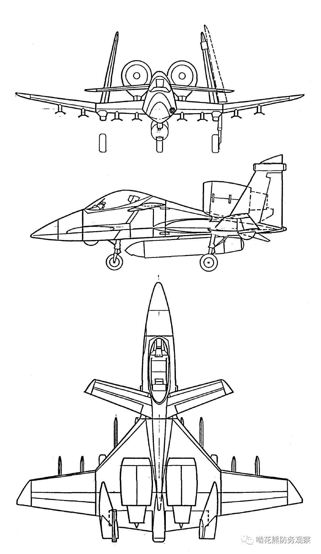 早期"蝎子"设计三视图,可见其机翼面积并不小.