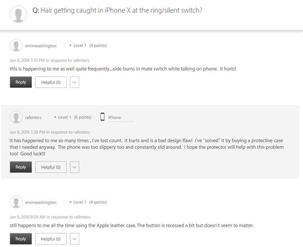 给跪！用户吐槽iPhone X接缝/静音键夹头发、卡胡子