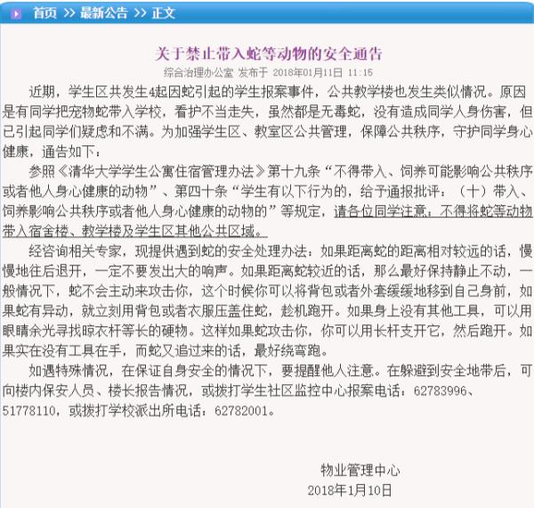 清华大学物业通告：禁止带蛇等动物入内 已有4起报案