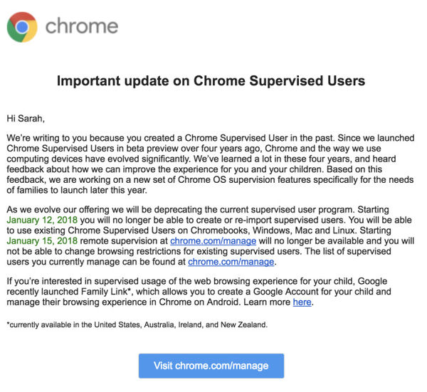 关闭Chrome家长控制功能2018年晚些将推出替代品