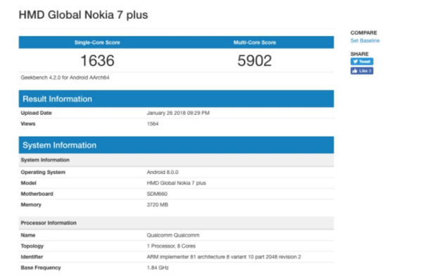 搭载骁龙660 Nokia 7 Plus跑分曝光有望亮相WMC